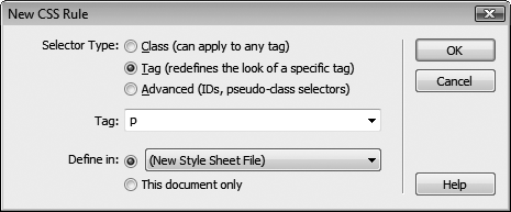 If you’ve already attached an external style sheet to a page, you can select its name from the “Define in” menu. That way, Dreamweaver adds the new style to that file. Your other option, which is what you’re doing at this point in the tutorial, is to create the new style sheet when you first create a style.
