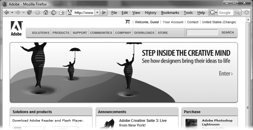 Over half of the banner ads you run across on the Web were produced using Flash. The best ones combine creativity with action. Here, Magritte-like characters float up into the air, suspended from their umbrellas. Clicking the banner zips you to a different Web page, where you can place an order online.