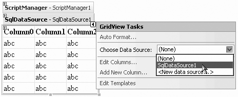 The Smart Tag of the GridView control lets you select the data source you want to use.