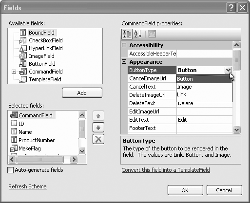 Click the Smart Tag of the GridView, then click Edit Columns to get this Fields dialog box where you can select and edit the columns in the GridView. Here, the CommandField button type is being changed.