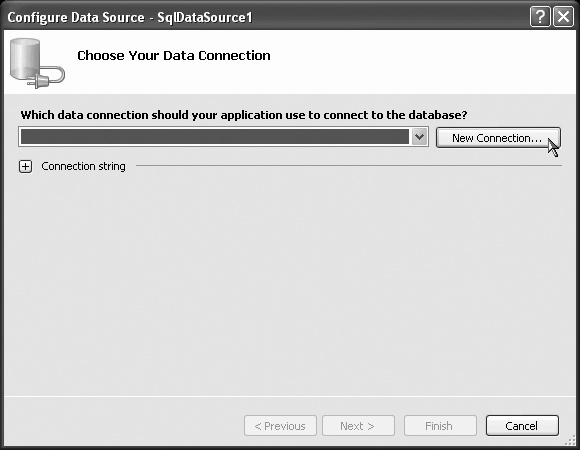To configure your DataSource control, you need to provide it with a data connection. You can choose a preexisting connection from the list (if you have previously created any for this web site), or create a new data connection by clicking the New Connection button.