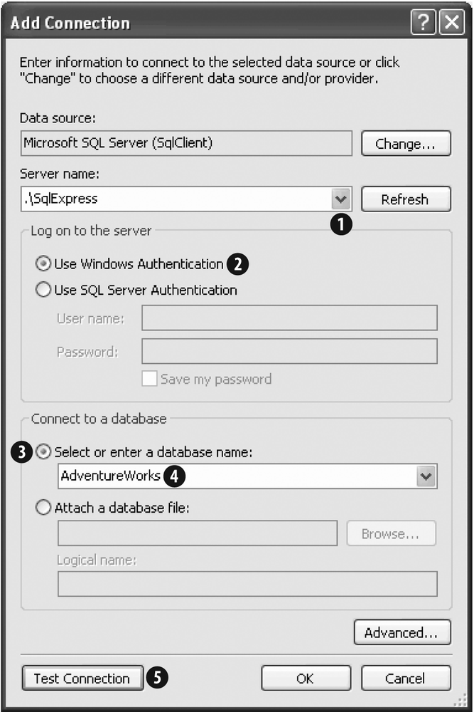 The Add Connection dialog is where you specify a new connection for your data source. Select the server, the logon credentials, and finally the database you want to use.
