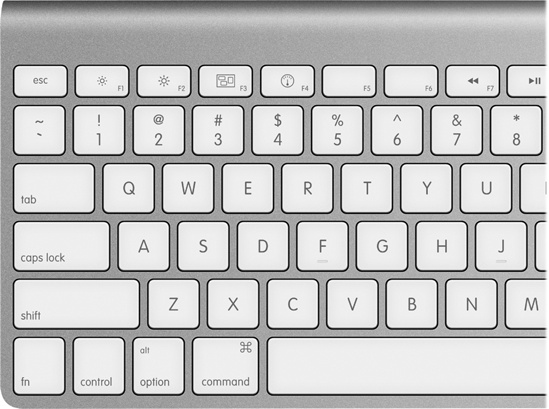 The aluminum Mac keyboards turn the F-keys on the top row into completely different buttons—according to a scheme that’s different from most Mac laptops. Here, you can see that tapping the F1 through F4 keys correspond to Screen Dimmer, Screen Brighter, Exposé, and Dashboard. (The Exposé key works three different ways, depending on what modifier key you’re pressing. In .)