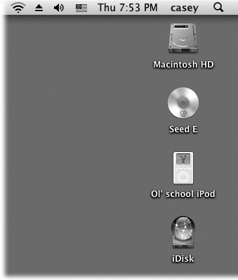 You may see all kinds of disks on the Mac OS X desktop (shown here: hard drive, CD, iPod, iDisk)—or none at all, if you’ve chosen to hide them using the Finder→Preferences command. But chances are pretty good you won’t be seeing many floppy disk icons. If you do decide to hide your disk icons, you can always get to them as you do in Windows: by opening the Computer window (Go→Computer).