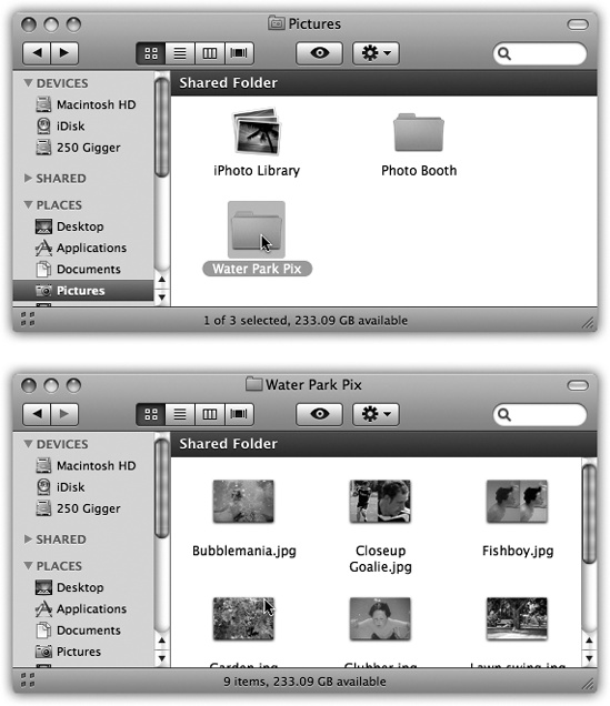 To help you avoid window clutter, Apple has designed Mac OS X windows so that double-clicking a folder in a window (top) doesn’t actually open another window (bottom). Every time you double-click a folder in an open window (except in column view), its contents replace whatever was previously in the window. If you double-click three folders in succession, you still wind up with just one open window.