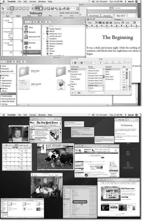 Top: Quick! Where’s the Apple Web page in all this mess? Bottom: With a tap of the F9 key, you can spot that window, shrunken but not overlapped. As your cursor passes over each thumbnail, the window darkens and identifies itself, courtesy of the floating label in its center. What’s especially cool is that these aren’t static snapshots of the windows at the moment you Exposé'd them. They’re live, still-updating windows, as you’ll discover if one of them contains a QuickTime movie during playback or a Web page that’s still loading. If you’re not pointing to a window, tapping F9 again turns off Exposé without changing anything; if you’re pointing to a window, tapping F9 again brings it forward.