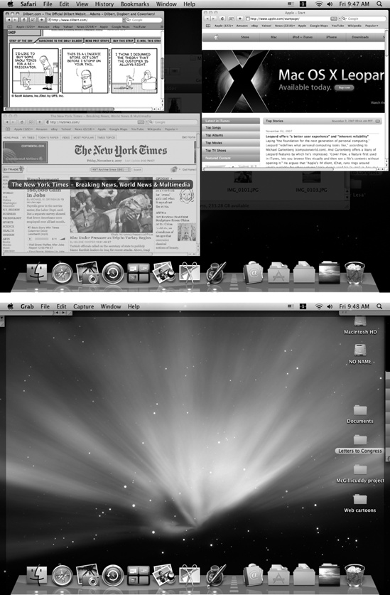 Top: When you press the F10 key, you get a clear shot at any window in the current program (Safari, in this example). In the meantime, the rest of your screen attractively dims, as though someone has just shined a floodlight onto the windows of the program in question. It’s a stunning effect. Bottom: Tap the F11 key when you need to duck back to the desktop for a quick administrative chore. Here’s your chance to find a file, throw something away, eject a disk, or whatever, without having to disturb your application windows. In either case, tap the same function key again to turn off Exposé. Or click one of the window edges, which you can see peeking out from all four edges of the screen.