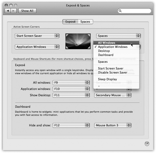 You can trigger Exposé in any of three ways: by twitching your cursor into a certain corner of the screen (top), pressing a key (lower left), or clicking the extra buttons on a multibutton mouse (lower right), including Apple’s Mighty Mouse. Of course, there’s nothing to stop you from setting up all three ways, so you can press in some situations and twitch or click in others.
