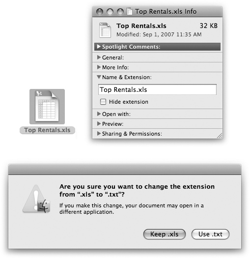 Top: In the Info window, open the Name & Extension pane. Now you can see what Mac OS X really thinks your file is called. Turn “Hide extension” on if you’d rather not see the file name suffix in the Finder. Bottom: If you try to add a suffix of your own, Mac OS X objects, in effect saying, “Hey—I’ve already got a filename extension for this, even if you can’t see it. Are you sure you know what you’re doing?” (And hallelujah—in Leopard, you can turn off this warning, if you like. Choose Finder→Preferences→Advanced pane. Turn off “Show warning before changing an extension.”)