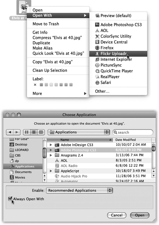 Top: The shortcut menu offers a list of programs capable of opening an icon. If you were to press the Option key right now, the words Open With would suddenly change to say Always Open With. Bottom: If you choose Other, you’re prompted to choose a different program. Turn on Always Open With if you’ll always want this document to open in the new parent program. Otherwise, this is a one-time reassignment.