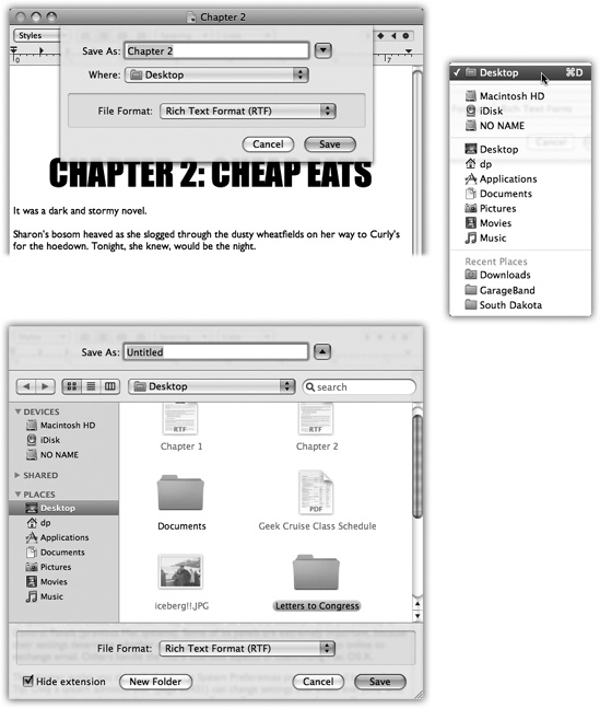 Top: The Save dialog box, or sheet, often appears in its compact form. Right (inset): If you open the Where pop-up menu, you’ll find that Mac OS X lists all the places it thinks you might want to save your new document: on the hard drive or iDisk, in a folder that you’ve put into your Sidebar (), or into a folder you’ve recently opened. Bottom: If you want to choose a different folder or create a new folder, click the ▾ button shown above to expand the dialog box. Here, you see the equivalent of the Finder—with a choice of icon, list, or column view. Even the Sidebar is here, complete with access to other disks on the network. Supertip: Even in the Save or Open dialog box, you can highlight an icon (or several) and then press -I. You switch back to the Finder, where the Get Info box is waiting with the date, size, and other details about the selected icons.