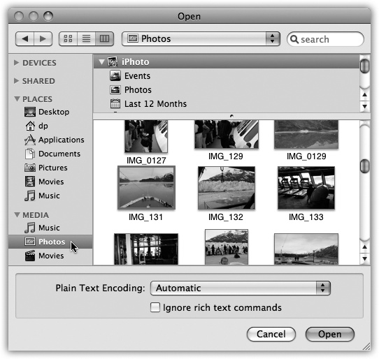 The new Media Browser is built right into the Open dialog box. That is, you get miniature listings of your iTunes, iPhoto, and movie files right in the Sidebar, for convenience in importing them into (for example) Keynote, PowerPoint, or a Web design program.