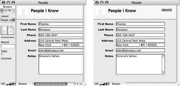 Unlike the stark emptiness shown in , this database is well underway, as you can see by the abundance of the content area.Left: The status area is part of all FileMaker databases, regardless of what they contain.Right: Maximize your view of the content area by hiding the status area with a simple click on its control.