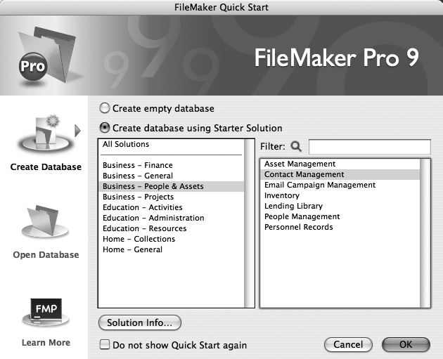 To choose one of FileMaker Pro’s built-in Starter Solutions, click the pop-up menu and select from a list of categories (some templates appear in more than one category). If you don’t want to use a template (you rebel, you!), just click “Create empty database,” and then click OK. Select “Do not show Quick Start again” to skip the Quick Start screen and go completely custom. You can always turn it on again, as discussed in the box on .