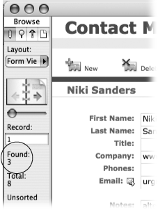 After you perform a find, the status area shows how many records match your request. In this case, FileMaker found three records with the last name of Sanders. You can flip through these three records to your heart’s content, but you can’t see any records not in your found set. If you want to look at all your other records (you’re done with those Sanders people), then choose Records → Show Omitted Only. FileMaker swaps your found set and shows you the other five records in your database. Then, when you’re ready to look at all your records again, choose Records → Show All Records and it’s one big, happy family again.