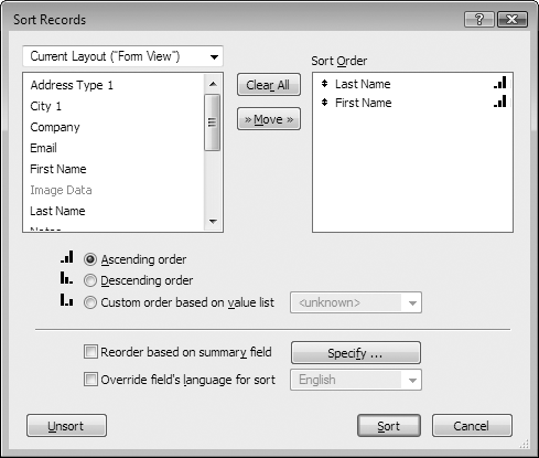 The Sort Records dialog box offers a lot of options, but the two lists on top and the first two radio buttons are critical to every sort you’ll ever do in FileMaker. In a nutshell, you pick the fields you want to sort by and the order in which they should be sorted, and then click Sort. That’s the essence of any sort, from the simple to the most complex.