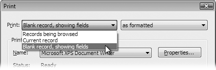FileMaker’s Print dialog box gives you all the standard options, plus a little more. The Print pop-up menu (at the top in the dialog box in Windows) lets you tell FileMaker which records to print.