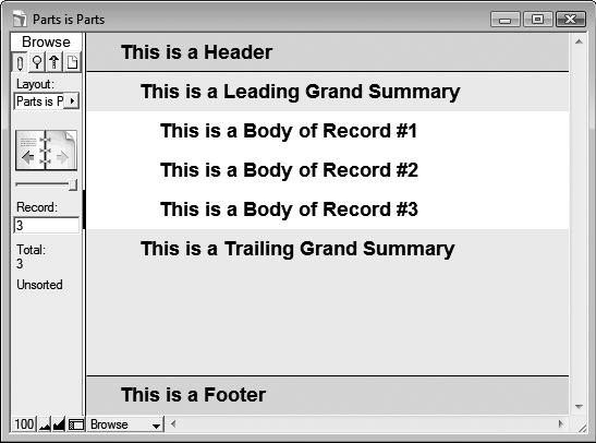 Here’s the same layout from in list view. Although this layout has all the same parts, list view doesn’t show the title header and the title footer. The Body part repeats three times—once for each record in the table—and the trailing grand summary is bigger. FileMaker has increased its size so it fills up all the remaining space between the last record’s body and the footer.