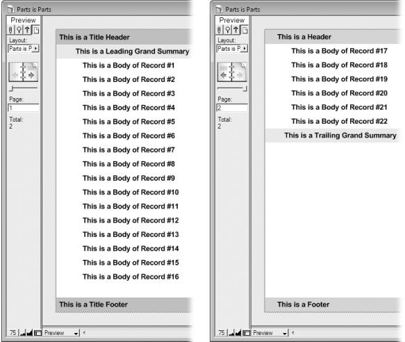 Left: In Preview mode, the title header and footer are at the top and bottom of the first page. The leading grand summary appears right before the first record, and FileMaker adds a copy of the body for every record until it fills up the page.Right: Every page thereafter shows the header and footer instead of the title header and footer. If you don’t have a title header, you’ll get the regular header on the first page, too (and the same goes for the title footer). Also notice that the trailing grand summary appears after the last record. This time it does not fill all the remaining space. Instead, its height matches the height you gave it on the layout.