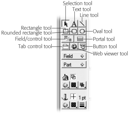 These are the drawing tools. In this picture, the selection tool is active (it appears pressed down). To choose a different tool, click it. Once active, you can click or drag on the layout to draw a shape or add some text. When you release the mouse button, FileMaker automatically activates the selection tool again.