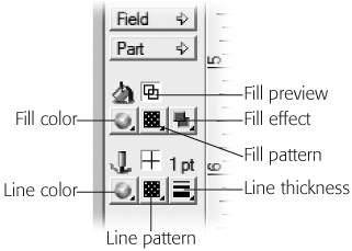 The fill and line tools are labeled here. Each one controls a certain aspect of the look of an object on the layout. You can see the cumulative effect of the choices you make in the Fill Preview and Line Preview displays.
