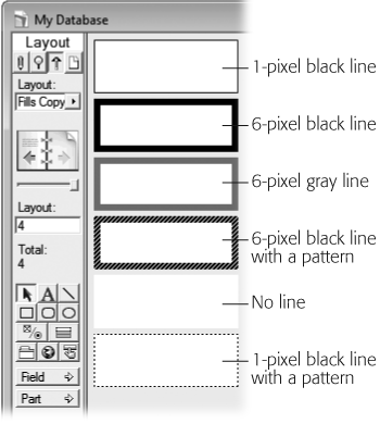 Here you can see the same rectangles with various line styles. When you adjust the line color, pattern, and thickness, you can get effects, from no line at all to a dashed line, to a thick black line. You can apply line effects to shapes, lines, and fields with borders.