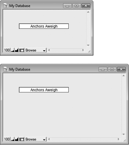Top: The one field on this layout is anchored to the top and left of the window (according to its factory settings in the Object Info palette).Bottom: When you make the window larger, FileMaker keeps the top edge of the object the same distance from the top of the window. The left edge holds its place compared to the left side of the window as well.