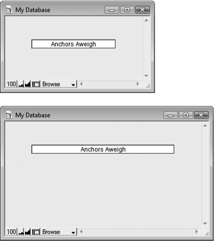 Top: What if you anchor an object on two opposing sides? The field is now anchored on the top, left, and right.Bottom: Rather than throw its hands up in despair, FileMaker bends to your will. It keeps the edges anchored by making the field bigger.