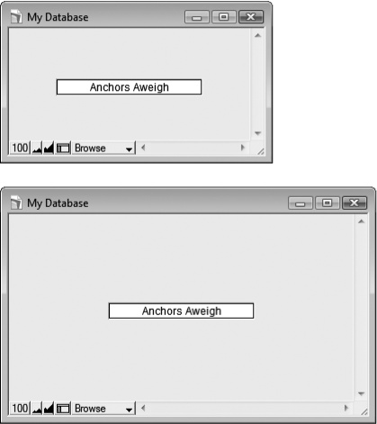 Top: There’s so much you can do with the Object Info palette’s anchor checkboxes, you might forget you can turn them off altogether. In this window, the field has no anchors at all. Notice that it’s positioned right in the middle of the layout.Bottom: When the window gets bigger, FileMaker keeps the relative position of the object the same. Since it was in the middle before, it stays in the middle of the bigger window.