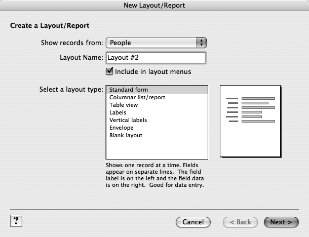 The New Layout/Report dialog box (Layout → New Layout/Report) is the starting point for layout creation. Most importantly, you get to decide what type of layout you want. If you pick any type other than Blank layout, FileMaker does some of the initial busywork for you. For help, click the Question Mark icon at bottom-left.