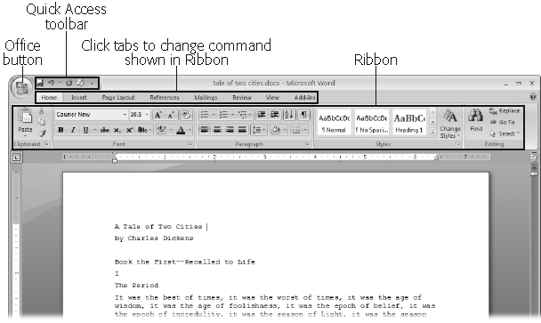 When you start Word 2007 for the first time, it may look a little top-heavy. The ribbon takes up more real estate than the old menus and toolbars. This change may not matter if you have a nice big monitor. But if you want to reclaim some of that space, you can hide the ribbon by double-clicking the active tab. Later, when you need to see the ribbon commands, just click a tab.