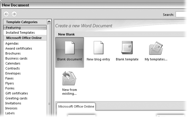 Open the New Document box (Office button â New, or Alt+F, N), and Word gives you several ways to create a new document. Click âBlank-documentâ to open an empty document, similar to the one Word shows when you first start the program. Or you can click âNew from existingâ to open a document that you previously created under a new name.