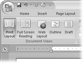 On the left side of the View tab, you find the five basic document views: Print Layout, Full Screen Reading, Web Layout, Outline, and Draft. You can edit your document in any of the views, although they come with different tools for different purposes. Outline view provides a menu that lets you show or hide headings at different outline levels.