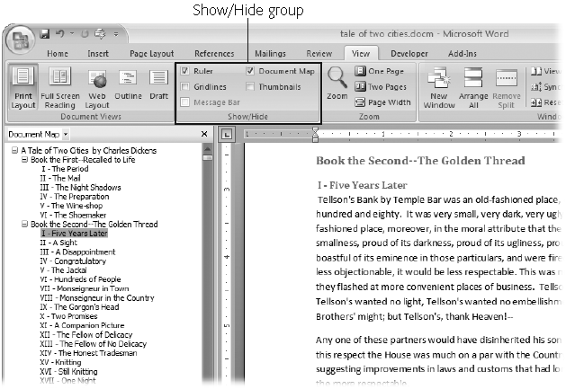 Use the Show/Hide group on the View tab to display or conceal Word tools. The Ruler gives you a quick and easy way to set tabs and margins. The Document Map is particularly helpful when you work with longer documents because it displays headings in the bar on the left of the screen. In the left pane, you can see that Mr. Dickens wrote more than his fair share of chapters.