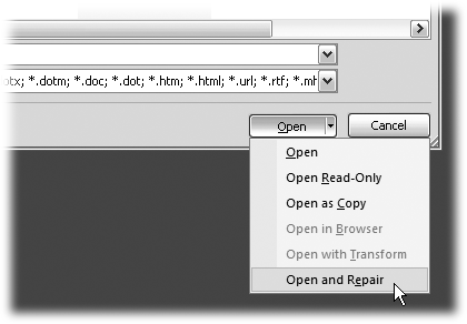 When you canât open a file with a normal Open command, click the arrow to the right of the Open button, and choose Open and Repair from the drop-down menu. Some parts of your file may still be damaged, but you can usually recover most of your work.