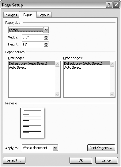 Using the Paper tab of the Page Setup box, you can choose from standard paper sizes or set your own custom paper size. Dialog boxes are great for making several changes at once. On this tab you can also choose a paper source (if youâre lucky enough to have a printer with more than one paper tray). You can read more about printing in .