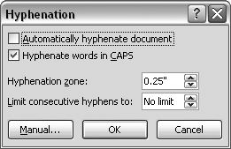 Use the Hyphenation box to set the ground rules for hyphenation. Turn on the âAutomatically hyphenate documentâ checkbox at top to have Word automatically hyphenate words according to the rules you set.