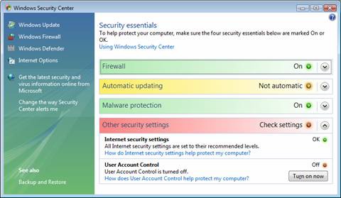 The Windows Security Center shows us the status of security in Vista