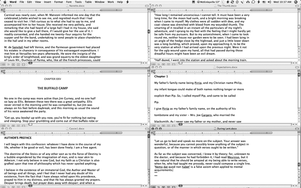 If your screen is cluttered with Word documents and duplicate windows, the Window → Arrange All command fills the screen with a patchwork of all your open windows. If you just need to find one of your document Windows instead of keeping them all open simultaneously, use Mac OS X’s Exposé feature instead. Press F10 to show all your Word document windows, and then click the one you want to see in the foreground.
