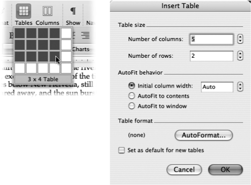 Left: A quick way to make a small table is to drag from the Insert Table button on the Standard toolbar. As you drag through the resulting grid, you’re specifying the grid size you want. (You can drag beyond the boundaries shown here, by the way, to specify a 9 x 9 table, for example; the pop-up grid grows as necessary.)Right: If you frequently use the same kind of table, check the “Set as default for new tables” box to make your favorite settings automatic in new documents. They will appear in this dialog box each time you choose Table → Insert → Table.