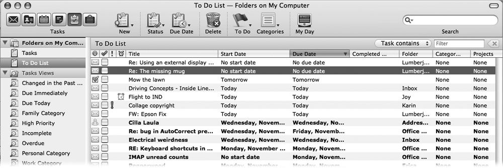 Entourage’s Tasks toolbar includes three specifically task-related buttons—New, Status, Due Date, and To Do—as well as a few of the old favorites. Use the Tasks and To Do pane to choose to view the entire To Do List, the Tasks list, or one of the filtered Tasks Views. The Quick Filter bar below the toolbar lets you quickly locate tasks containing certain words or that you’ve assigned to certain categories or projects.