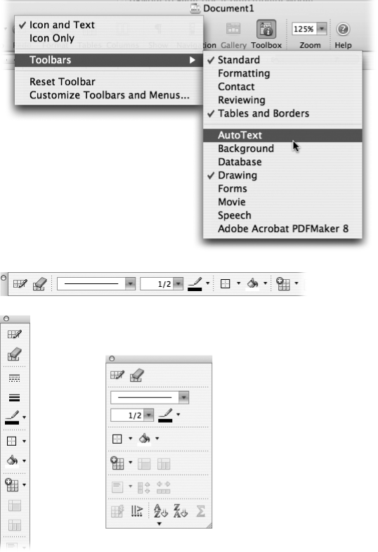 Top: If you Control-click any empty gray space in a toolbar, you get a pop-up menu leading to a submenu listing all toolbars. Checkmarks indicate currently visible toolbars. Choose a toolbar name to make it appear or disappear. The Standard toolbar gives you the additional option of whether or not to display the text label next to your toolbar buttons.Bottom: The toolbar turns into an outline as you drag its resizing corner. As you drag diagonally, it goes from a vertical toolbar to various incarnations of a rectangle, and finally to a horizontal toolbar—or the other way around.