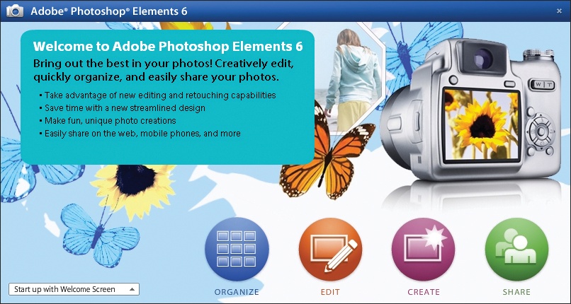The Elements Welcome screen gives you four main activities to choose from. You can't bypass the Welcome screen just by clicking the Close button. When you do, the screen goes away—but so does Elements. Fortunately, you've got options: The box on tells you how to permanently get rid of the Welcome screen.