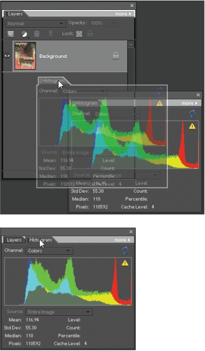 You can combine two or more palettes once you've dragged them out of the bin.Top: The Histogram palette is being pulled into, and combined with, the Layers palette. To combine palettes, drag one of them (by clicking on the palette's name bar) and drop it onto the other palette (notice the white line that appears on the top edge of the Layers palette, signaling it's "ready" to accept the Histogram palette).Bottom: To switch from one palette to another after they're grouped, just click the tab of the one you want to use. To remove a palette from a group, simply drag it off the palette window. If you want to return everything to how it looked when you first launched Elements, go to Window → Reset Palette Locations.