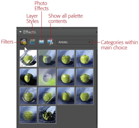 Use these buttons to choose what you see in the Effects palette: Filters, Layer Styles, Photo Effects, or all three