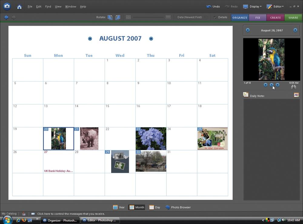 Date View offers you the same menu options as the main Photo Browser window, but instead of a contact sheet–like view of your photos, you see your images laid out on a calendar. Click a date (in this example, August 20 is chosen), and in the upper-right corner of the screen, you can view or advance through a slideshow view of that day's pictures, by using the controls where the cursor is in the figure. (You can choose which holidays appear on the calendar by going to Edit → Preferences → Date View.) Date View is fun, and sometimes handy for searching, but it doesn't offer many useful functions that aren't also in the Photo Browser.