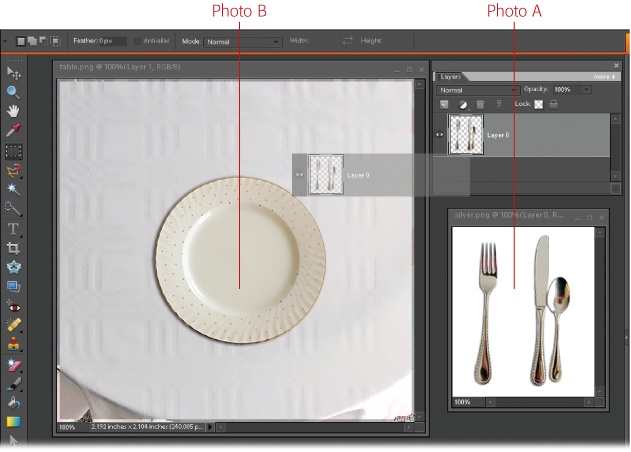 This figure shows how to move objects from one photo to another, working from the Layers palette. Here, the goal is to get the silverware from photo A (whose Layers palette is visible) onto the tablecloth in photo B (whose image is visible). You always drag from the Layers palette onto a photo window when you combine parts of different images into a composite. (If you try to drag from a photo to a photo, it won't work unless you click the Move tool first.) Use the Move tool to adjust your object's placement once you've dropped it into the image.