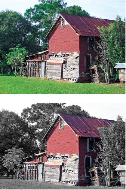 With Elements, you can easily remove the color from only part of an image.Top: Here, the photo is a regular color image.Bottom: The color is gone from everything except the barn. You'll learn three easy methods for removing color in this section.