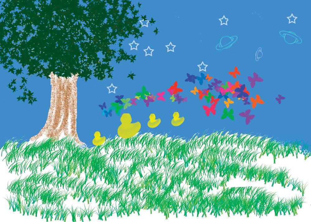 You can digitally doodle using the Elements brushes, even if you can't draw a straight line. Everything in this lovely drawing was done with brushes included with Elements. The leaves were painted with a brush that paints leaves; the yellow ducks come from a brush that paints rubber ducks, and so on.