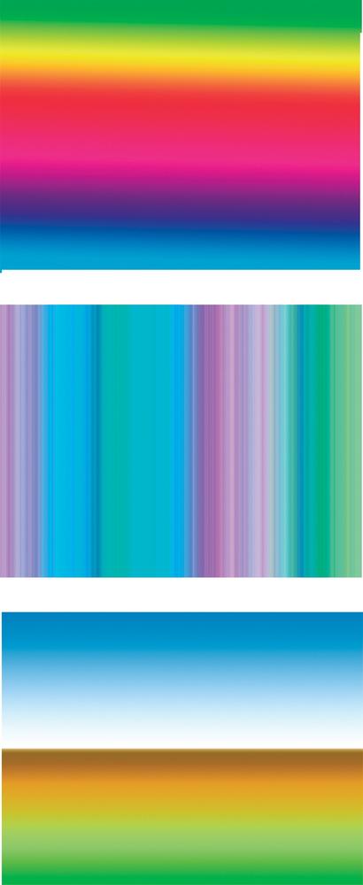 Here are three examples of gradients drawn with the Gradient tool.Top: This figure shows a gradient that creates a rainbow effect.Middle: If you play with the Gradient Editor (), you can create all sorts of interesting effects. Here's the gradient from the top figure again, only this time it's applied left to right instead of top to bottom. It looks so different because the noise option was used (see ). Click the Randomize button a couple of times for this effect.Bottom: This figure shows a gradient you can create if you want a landscape background for artwork.